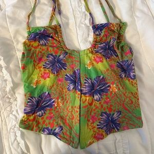 I AM GIA SET- tropical hibiscus print halter tie top and mini skirt floral green